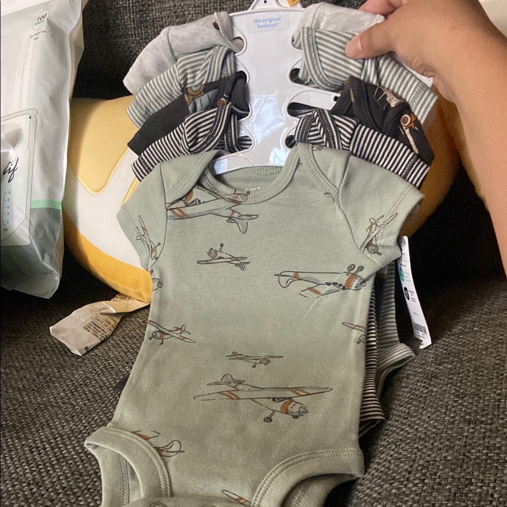 Cloud Island Green and Gray Bodysuits Set Airplane Print